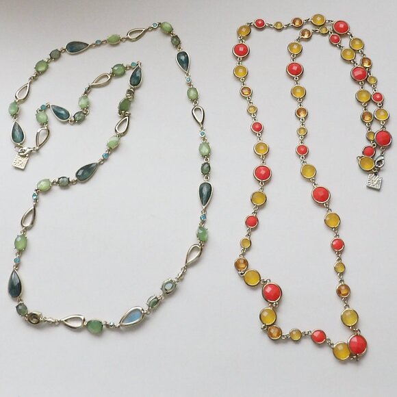 Anne Klein Bundle of 2 Long Strand Necklaces Blue Green & Orange Yellow Colors - Picture 6 of 7